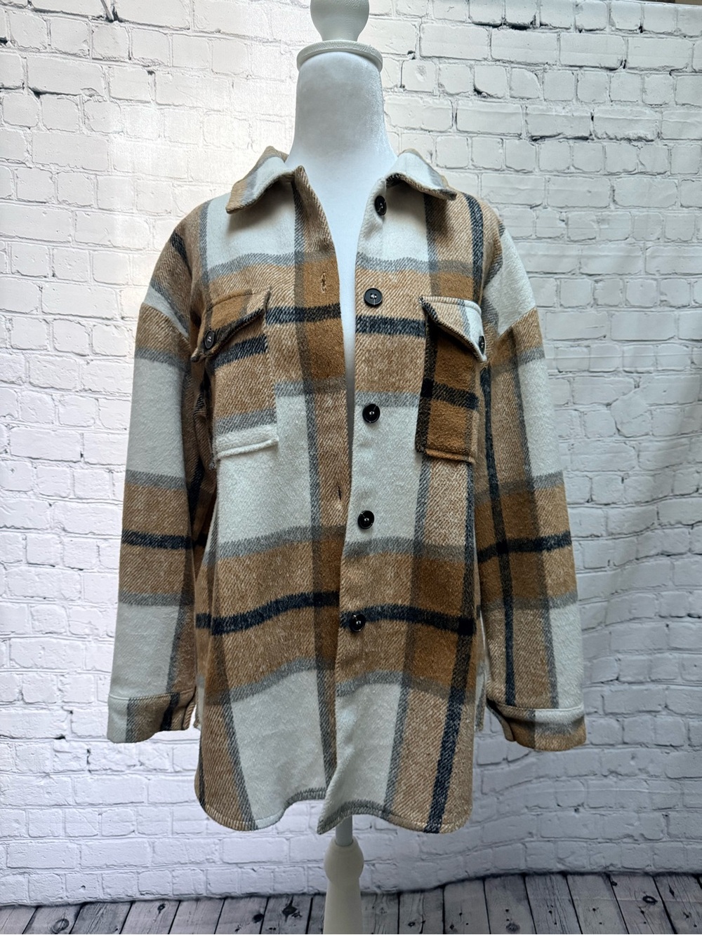 Plaid Button-Up Shacket Jacket in Cream and Brown